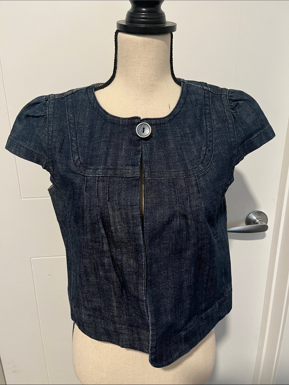 Ann Taylor Loft Blue Denim Distressed Front One Button Jacket Top